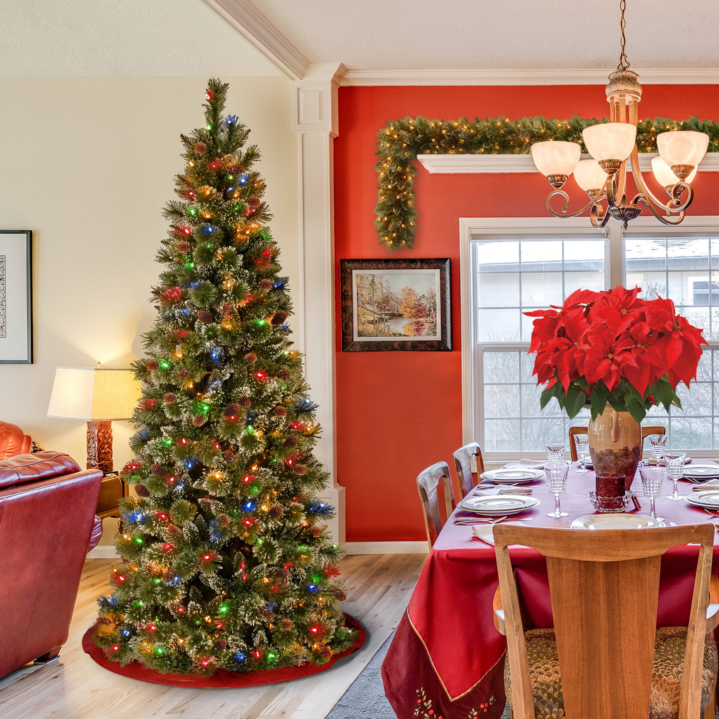 7ft. Pre-Lit Glistening Pine Pencil Slim Artificial Christmas Tree, Multicolor Lights